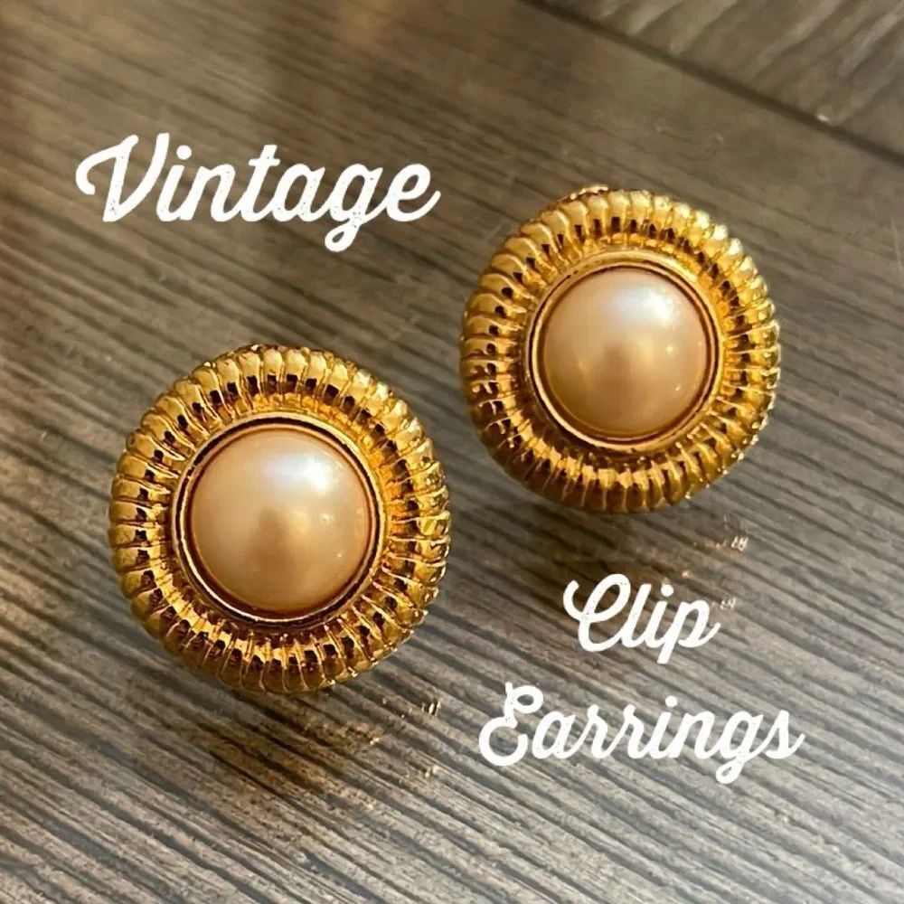 Vintage Pearl & Gold-tone Button Clip Earrings